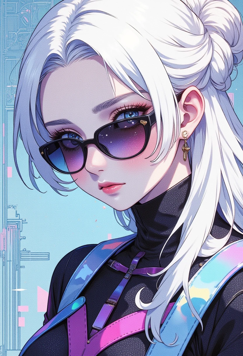 worldview of iridescent pure white, illustration art, cool beauty, sunglasses, shining glossy silky messy half updo, vivid and seductive expression, transparent, ultra detailed, absolutely resolution, masterpiece