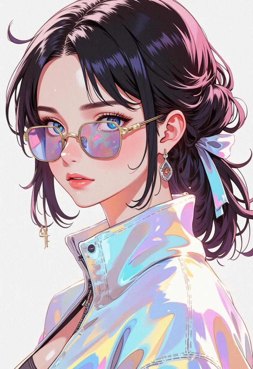 worldview of iridescent pure white, illustration art, cool beauty, sunglasses, shining glossy silky messy half updo, vivid and seductive expression, transparent, ultra detailed, absolutely resolution, masterpiece