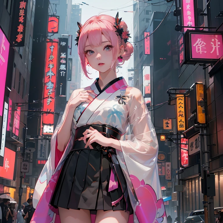 (( top quality )), ((傑 top quality 、masterpiece、High sensitivity、           high definition         、      detailed description      、 delicate face )),     Slender Woman、Glass、 New Year、     miniskirt kimono、      cyberpunk、 Hair color:    pink 、On the chest（myo）    characters,座っている、
