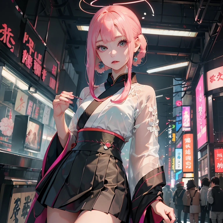 (( top quality )), ((傑 top quality 、masterpiece、High sensitivity、           high definition         、      detailed description      、 delicate face )),     Slender Woman、Glass、 New Year、     miniskirt kimono、      cyberpunk、 Hair color:    pink 、On the chest（myo）    characters,座っている、
