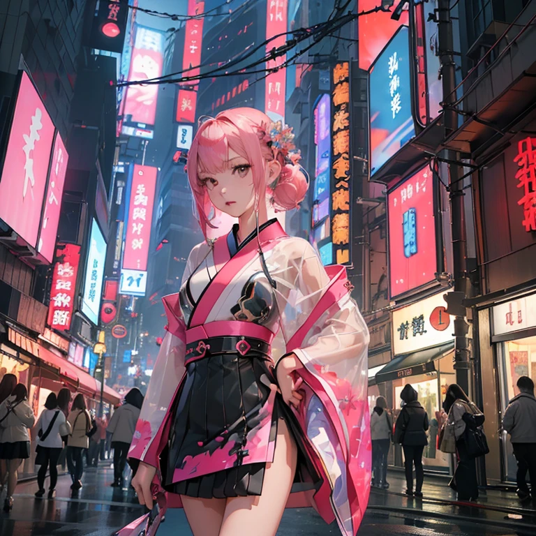 (( top quality )), ((傑 top quality 、masterpiece、High sensitivity、           high definition         、      detailed description      、 delicate face )),     Slender Woman、Glass、 New Year、     miniskirt kimono、      cyberpunk、 Hair color:    pink 、On the chest（myo）    characters,座っている、
