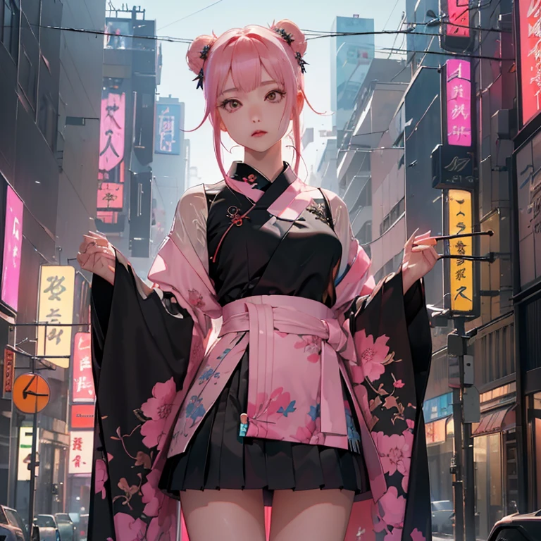 (( top quality )), ((傑 top quality 、masterpiece、High sensitivity、           high definition         、      detailed description      、 delicate face )),     Slender Woman、Glass、 New Year、     miniskirt kimono、      cyberpunk、 Hair color:    pink 、On the chest（myo）    characters,座っている、
