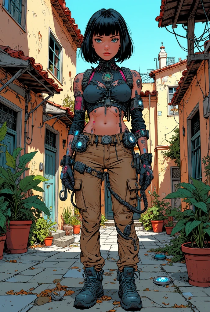 Illustration of rebel dark bob hair princess cyborg dressing a cyber cargo pants and halter neck vest with futuristic gadgets, dystopian spanish house courtyard, punk caricature character with fantasy elements, bold lines, vibrant colors, dramatic shading with delicate, dreamlike details
