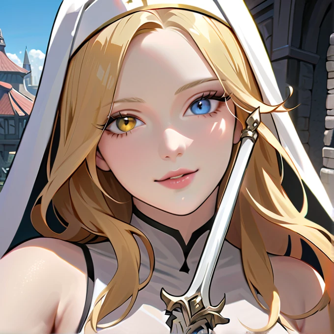 Masterpiece, hd, high resolution, high quality, best quality, super detailed. Solo character alone, multiple views. Fantasy art.
{{(A 36-years-old human-bishop-woman:(appearance: fair-skin. Beautiful heterochromia-eyes. golden-blonde-eyebrows. beautiful-features. absolute-beauty. pale-lips. golden-blonde-long-curly-hair. Beautiful-tall-figure. big-breasts. beautiful-arms. beautiful-legs. She stands 1,77-cm-tall. walking around. relaxed-demeanor. wise-personality. innocent-smile.),(she wears: white-nun-tunic. white-nun-hat. white-gloves. white-heel-shoes. white-pantyhoses.),(equipment: white-scepter on her right arm. huge-white-claymore-sword on her back.),(scenery: silver-dwarven-fantasy-city-rooftops.))}}