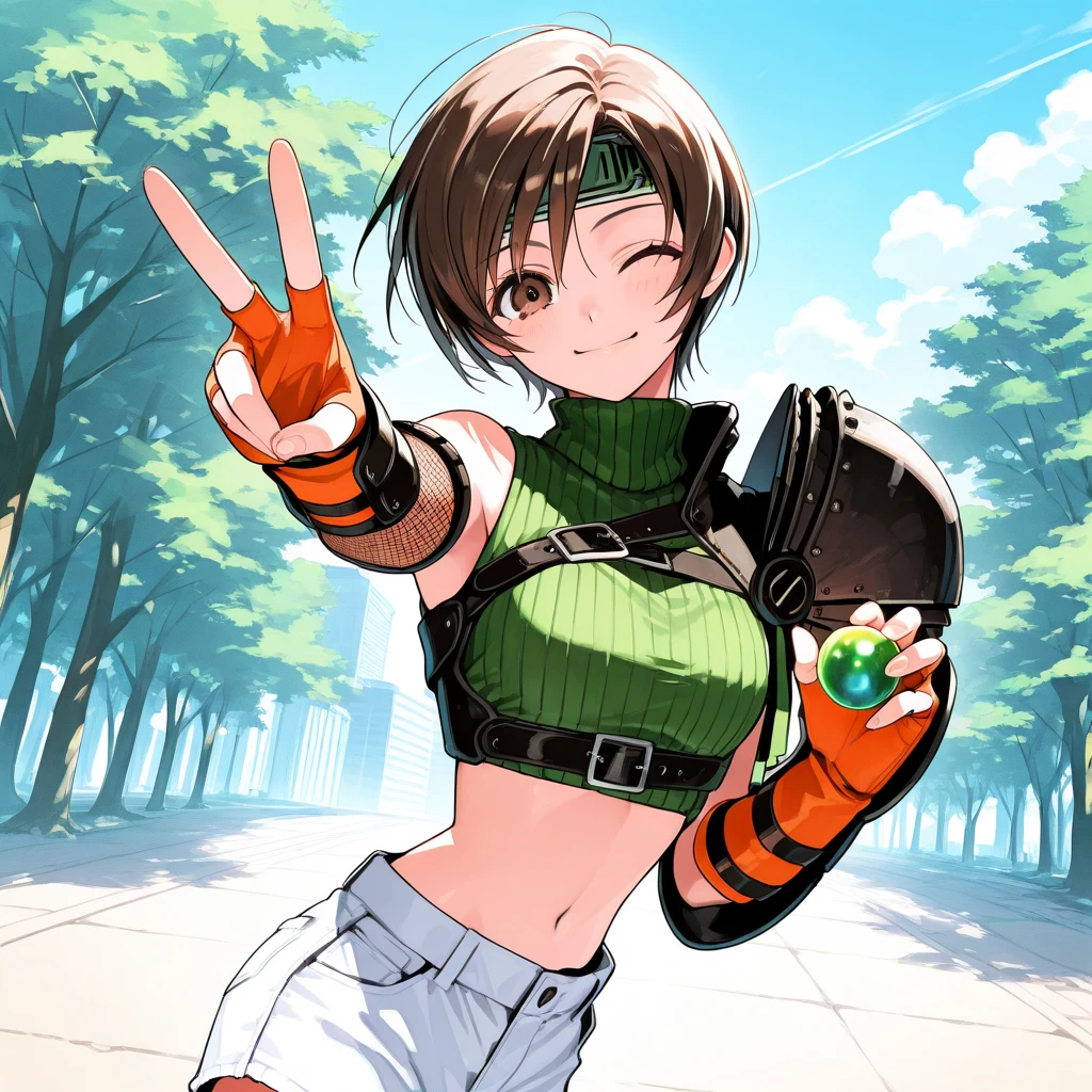 masterpiece, best quality, solo, 1girl, smile, looking at viewer, yuff7, short hair, brown eyes, forehead protector, green turtleneck, midriff, single pauldron, chest strap, single arm guard, orange gloves, fingerless gloves, white shorts, fishnets, holding, materia, outdoors, v, one eye closed,