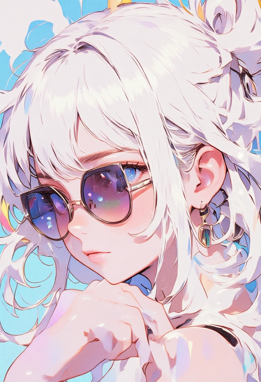 worldview of iridescent pure white, illustration art, cool beauty, sunglasses, shining glossy silky messy half updo, vivid and seductive expression, transparent, ultra detailed, absolutely resolution, masterpiece