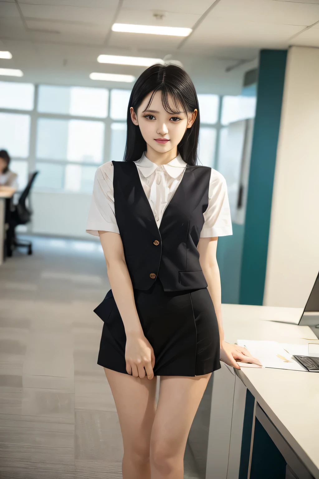 image of one beautiful woman,    beautiful faces , makeup、(OL,    officeレディ)、(   officelady uniform、 white short sleeve blouse、 Black Vest 、  black tuck miniskirt  、   brown stockings   )、18 years old、, (  office), (((top quality,  masterpiece、   high detail)))、(8k,    high definition  )、 ( Slender and petite 、Thin legs), (   gentle smile)、 （(skirt tuck)）、 viewers, (( sexy))