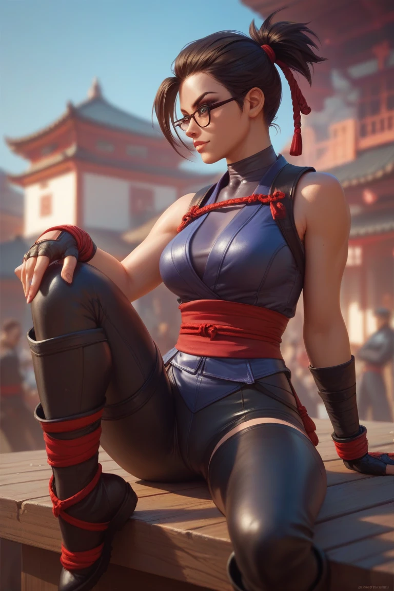 girl, ninja, sexy,  defined body, fly away, short straight brunette hair, glasses, sitting,  Open Legs, tight clothes, seductive look, confrontation