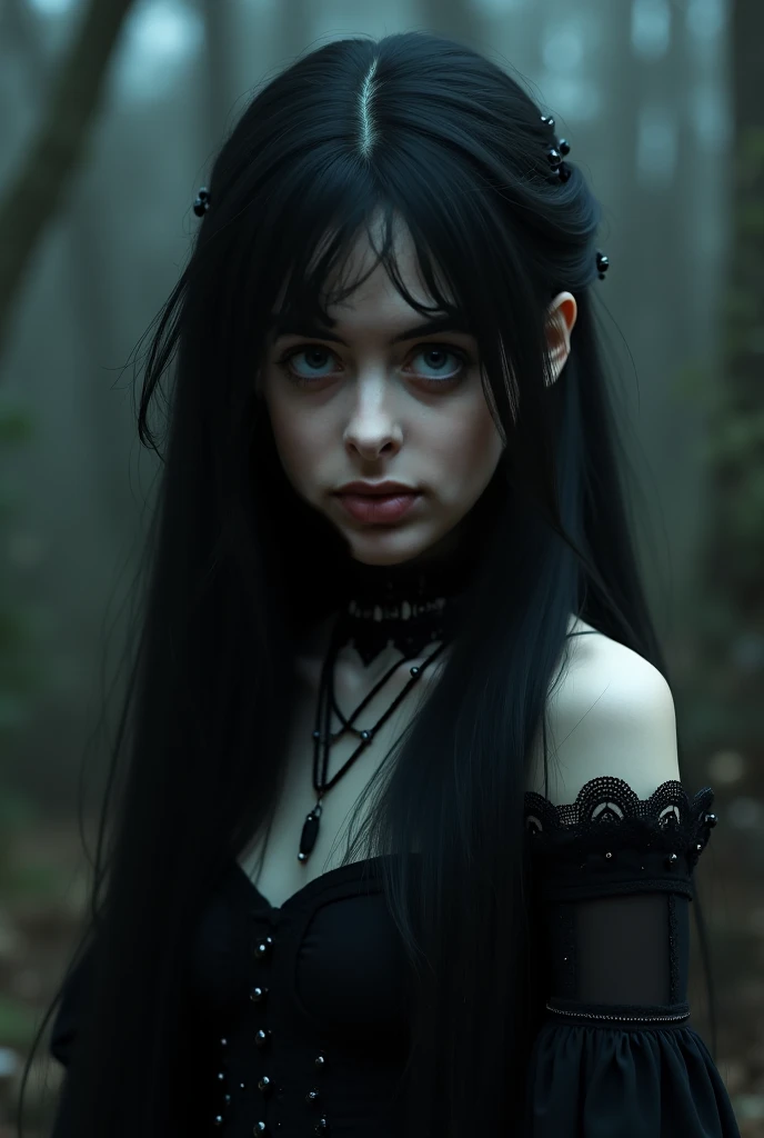 A gothic image, women dressed in black, by white, black lipstick, Red eyes, horror theme, Dark forest background, portrait, gothic women, masterpiece quality, HD, Super detailed image, sharp image,