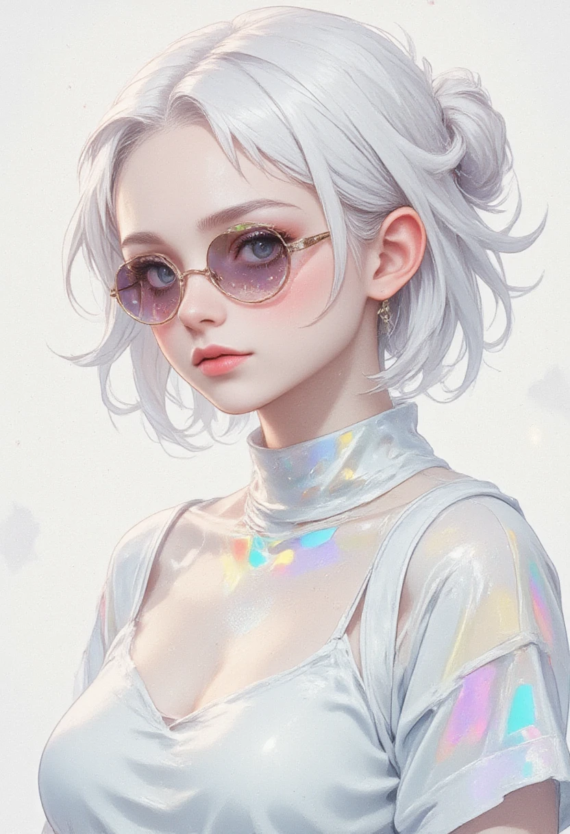 worldview of iridescent pure white, illustration art, cool beauty, sunglasses, shining glossy silky messy half updo, vivid and seductive expression, transparent, ultra detailed, absolutely resolution, masterpiece