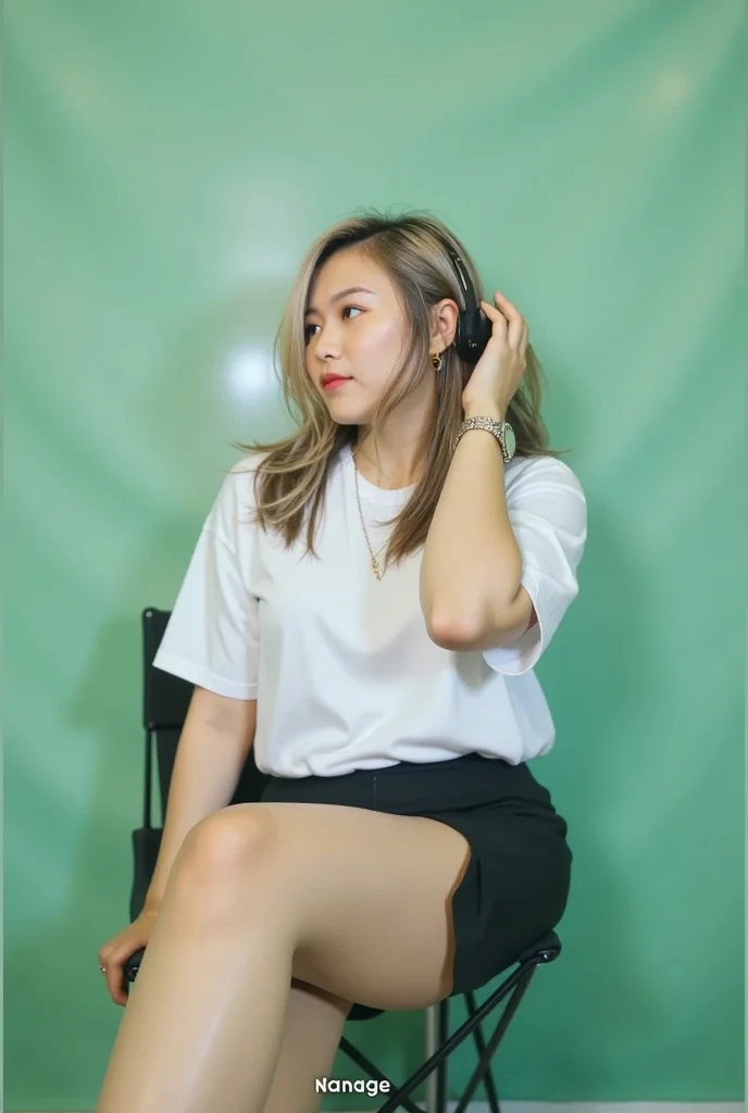 tight white blouse, Big bust, tight black skirt, knee length skirt, smiling, flirty face, in the office, neckline