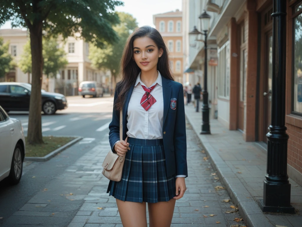 beautiful woman (EP33sh4:.99), 1girl, ;3, absurdres, bag, black bag, black thighhighs, blazer, brown jacket, brown skirt, cowboy shot, hair ribbon, highres, jacket, lamppost, long hair, looking at viewer, miniskirt, plaid, plaid skirt, pleated skirt, red ribbon, ribbon, school bag, school uniform, skirt, solo, sunset, thighhighs, twintails, waving,