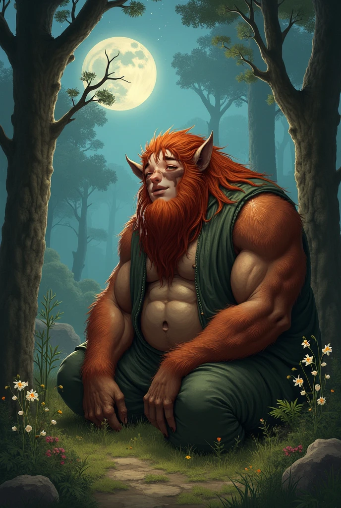 ultra-detailed, masterpiece, masterwork, high quality, best quality, hdr, (nature), nsfw, male, solo, hairy dragon, ((nude)), (little red body minotaur), (white chubby body), (long golden hair, yellow eyes), standing, dynamic angle, (micropenis, foreskin, perfect balls), public hair, (cross your arms), earrings