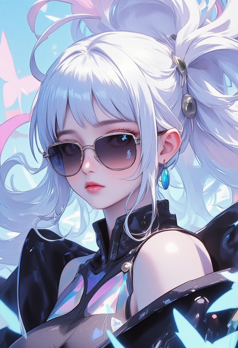 worldview of iridescent pure white, illustration art, cool beauty, sunglasses, shining glossy silky messy half updo, vivid and seductive expression, transparent, ultra detailed, absolutely resolution, masterpiece