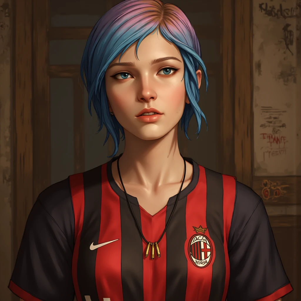 A Renaissance and Baroque art of Chloe Price (Life Is Strange) , Looking like women in baroque paintings, Leonardo Da Vinci art style, Vincent Van Gogh painting type, carefully painting, expressive, she wears a AC Milan (Jersey)