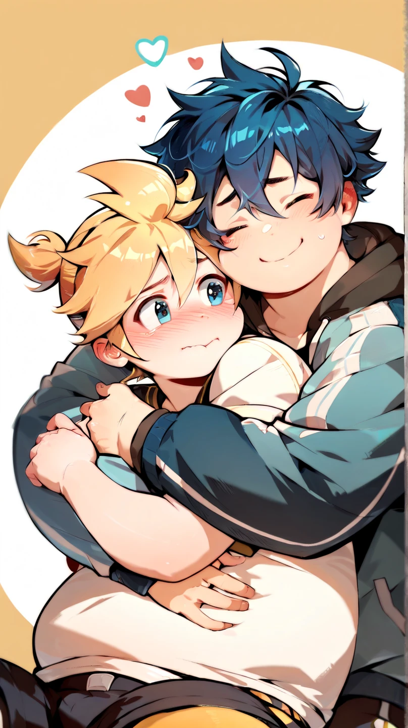  2boys, (yaoi couple), (male ren), (duo focus), hugging each other, Break, Kagamine Len, cute, hoodie, chubby body, face blushed, embarrassed smile, Break, blue hair color, baseball jacket, round cheek, belly exposed