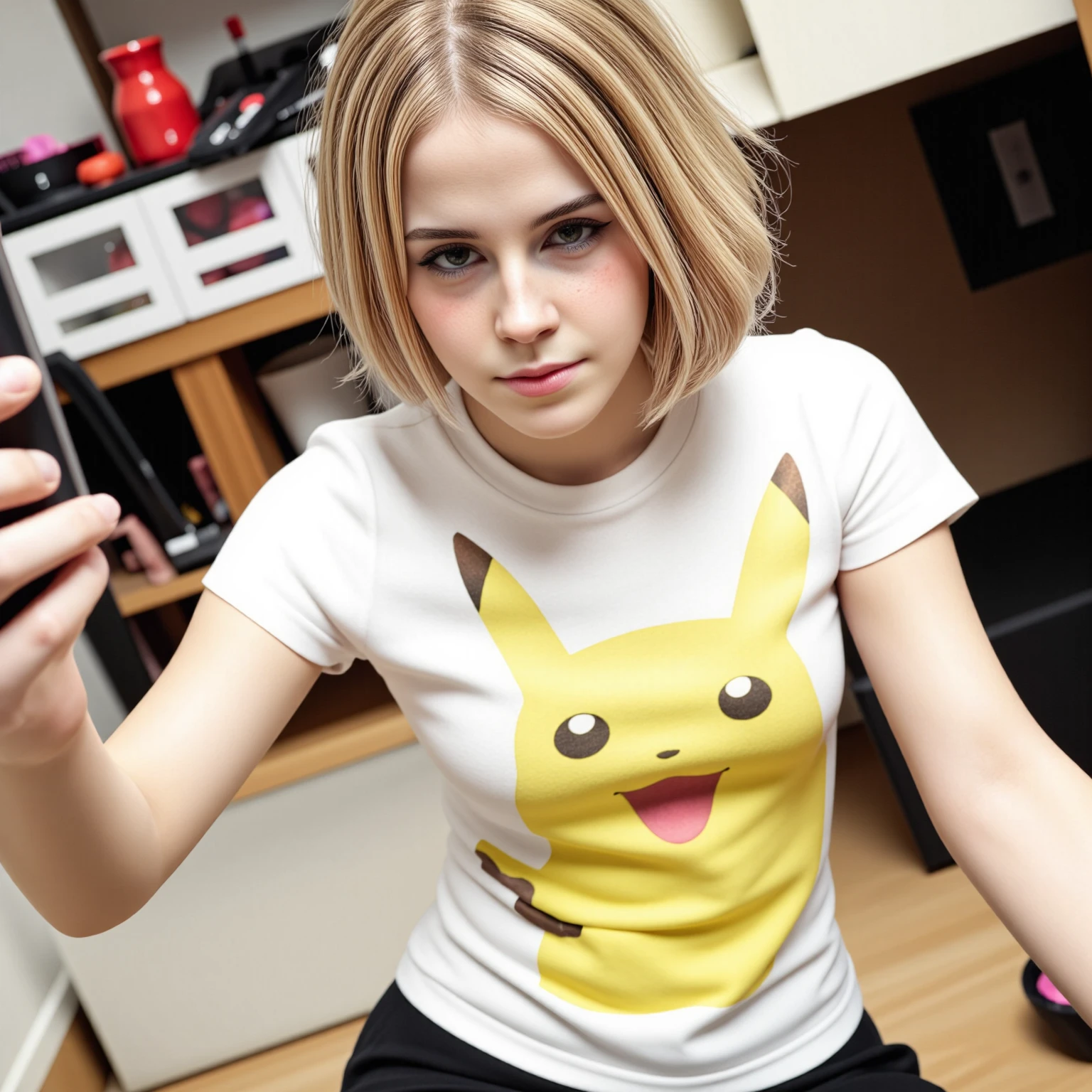 amateurish photo, s3lfi3, low lighting, overexposed, eerie atmosphere, smeared background, very young slim small breasted emo emma watson hermione granger, **yo,  close-up, pikachu t-shirt, (graphic t-shirt with stretched graphic, tight t-shirt), photorealistic, low-angle selfie photograph, natural complexion, dark brown eyes, blonde emo hairstyle with blue streaks, heavy eyeliner, Messy room, Mirror selfie, holding cellphone