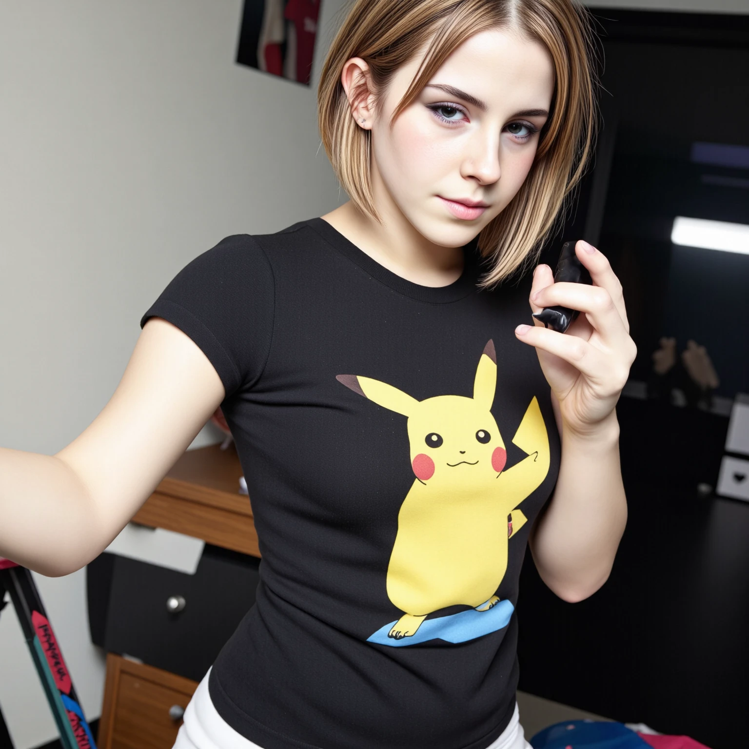 amateurish photo, s3lfi3, low lighting, overexposed, eerie atmosphere, smeared background, very young slim small breasted emo emma watson hermione granger, **yo,  close-up, pikachu t-shirt, (graphic t-shirt with stretched graphic, tight t-shirt), photorealistic, low-angle selfie photograph, natural complexion, dark brown eyes, blonde emo hairstyle with blue streaks, heavy eyeliner, Messy room, Mirror selfie, holding cellphone