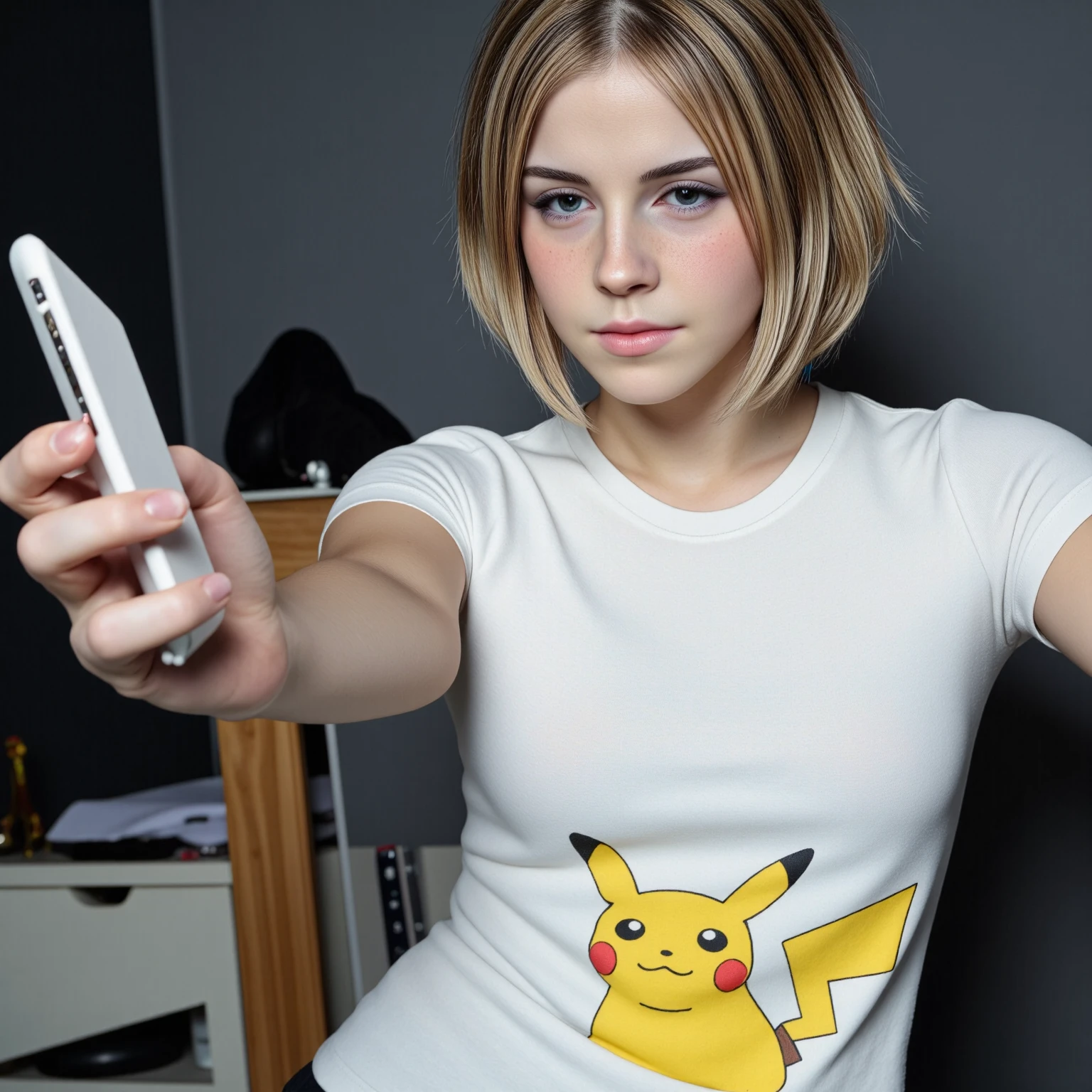 amateurish photo, s3lfi3, low lighting, overexposed, eerie atmosphere, smeared background, very young slim small breasted emo emma watson hermione granger, **yo,  close-up, pikachu t-shirt, (graphic t-shirt with stretched graphic, tight t-shirt), photorealistic, low-angle selfie photograph, natural complexion, dark brown eyes, blonde emo hairstyle with blue streaks, heavy eyeliner, Messy room, Mirror selfie, holding cellphone