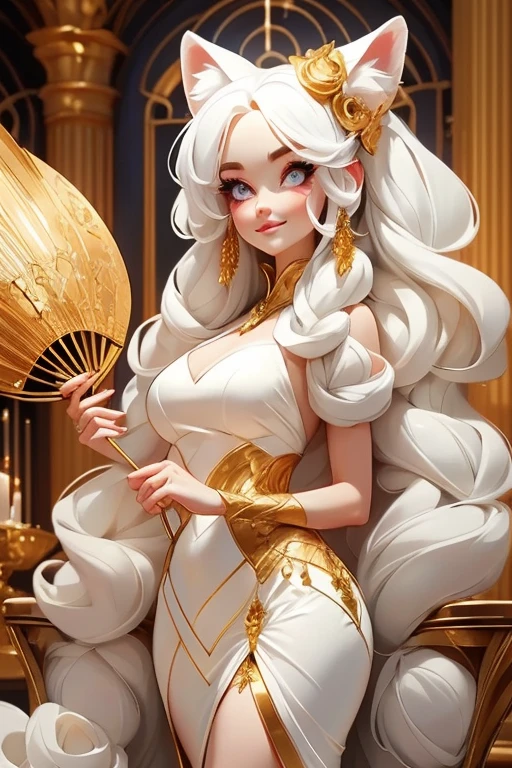 Perfect face. Perfect hands. A white haired woman with copper eyes and an hourglass figure with white fox ears and a white fox tail in a golden ballgown is smiling while holding a fan in a Gothic ballroom