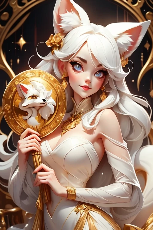 Perfect face. Perfect hands. A white haired woman with copper eyes and an hourglass figure with white fox ears and a white fox tail in a golden ballgown is smiling while holding a fan in a Gothic ballroom