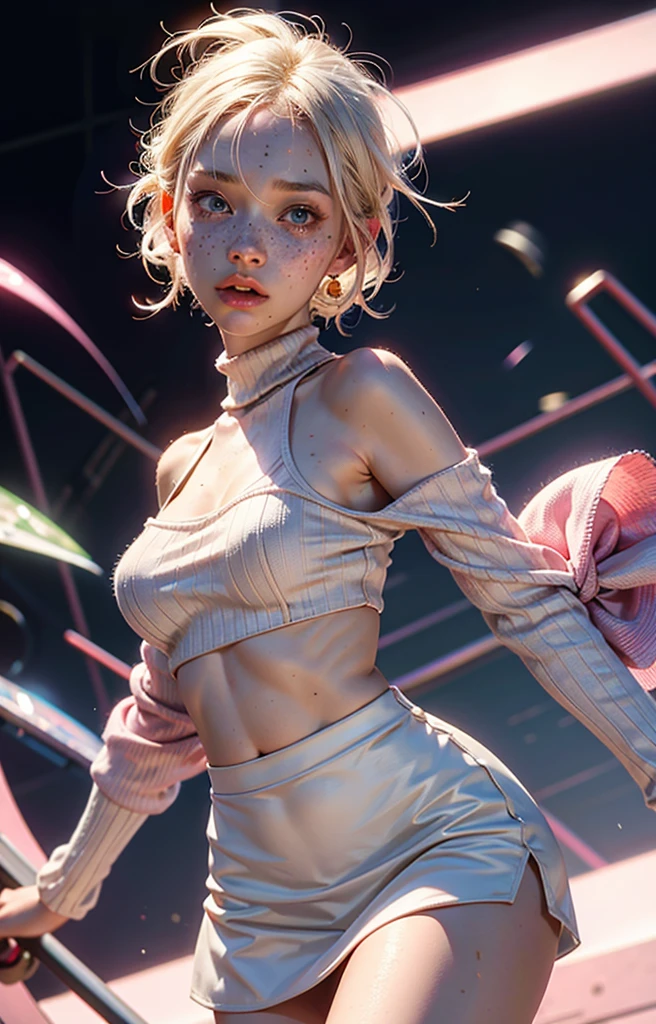 Highest quality, perfect masterpiece, perfect art, 8K, (young and energetic girl, tennis, wearing pink-blue-red color-block sneakers, urban tennis style dressing, top is clean babes white T-shirt, light blue pleated skirt, socks with white as the main color pink stripes, with tennis rackets, the environment is a tennis court; The weather is clear and cloudy; The overall color tone is bright; thick coating style; , delicate face, white hair girl, (white hair: 1.3), medium and short hair, (black background: 1.3), pearl illusion, cyberpunk, fashion trends, 3s material, HD, detail performance, c4d, 3D, octane rendering, ray tracing, complex details, animated lighting, OCrenderer, 8k,