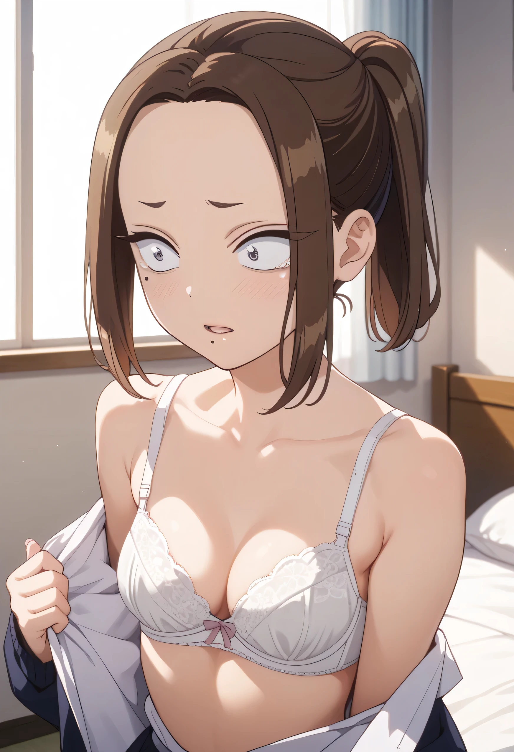 1 girl, nene onemine, brown hair, ponytail, mole, mole under eye, mole under mouth, short hair ,1 girl in the bedroom, Small breasts, white panties, white bra,cleavage,take off clothes, undressing, morning, sunlight, best shadows, best lighting, extended down blouse, scared