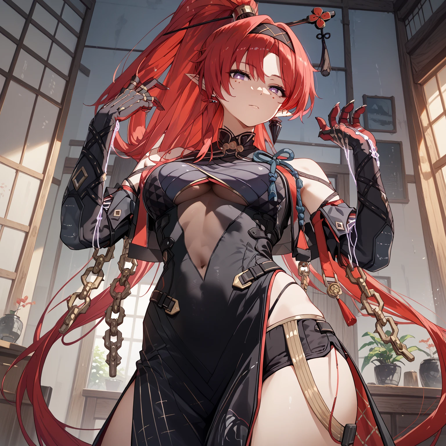 yinlin, purple eyes, pointy ears, red hair, absurdly long hair, high ponytail, hairband, hairpin, tassel, earring, mole, mole under eyes, katsuyamamage, detached sleeves, bare shoulders, black bodysuit, black gloves, black shorts, bodysuit, covered navel, elbow gloves, jewelry, pelvic curtain, short shorts, side slit, stand, Confident pose, Room, Displeased face, Beautiful view, good atmosphere, Thigh