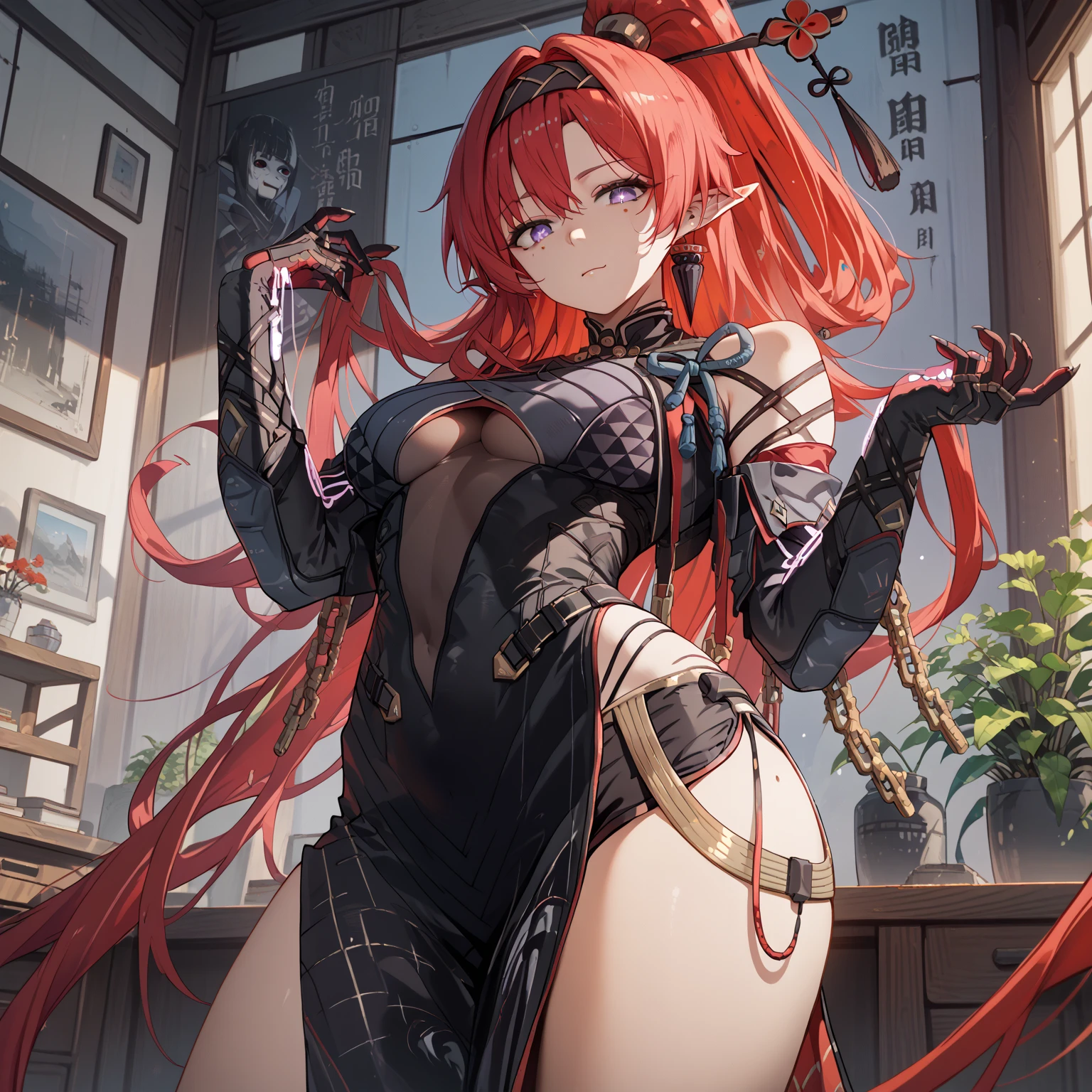 yinlin, purple eyes, pointy ears, red hair, absurdly long hair, high ponytail, hairband, hairpin, tassel, earring, mole, mole under eyes, katsuyamamage, detached sleeves, bare shoulders, black bodysuit, black gloves, black shorts, bodysuit, covered navel, elbow gloves, jewelry, pelvic curtain, short shorts, side slit, stand, Confident pose, Room, Displeased face, Beautiful view, good atmosphere, Thigh