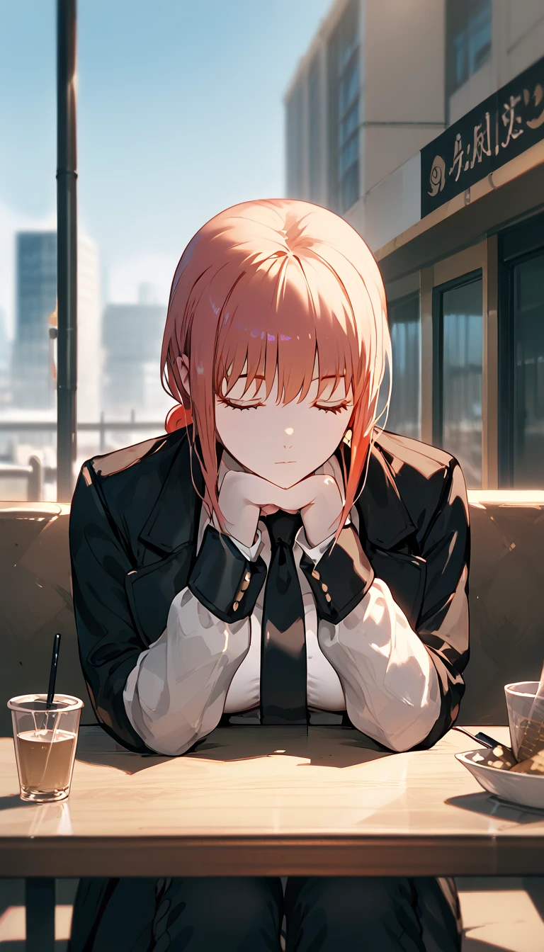 master quality,anime girl,upper body,detailed face,pixiv 3dcg, highest rating on pixiv, POV across table,very beautiful anime,makima,red hair,black coat,white shirt,black necktie,black pants,black high heels,large breasts,pointy breasts,pale skin,construction,beautiful eyes,blonde eyes,sitting,lie face-down on table,looking away,expressionless,sleeping,closed eyes,cafe