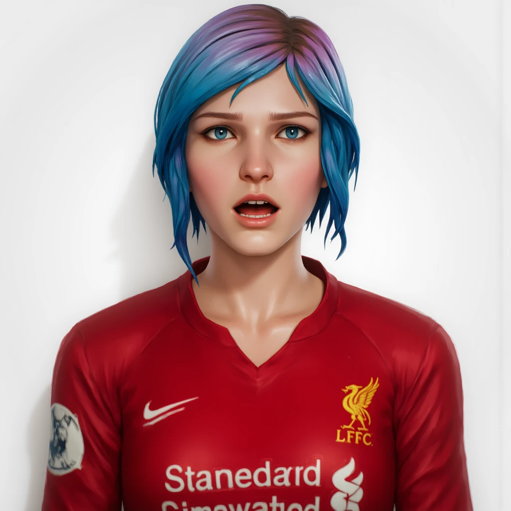 A professional photography of Chloe Price (Life Is Strange), looking like a womens in baroque paintings,white background, expressive, she wears a Liverpool (2007 season red jersey)