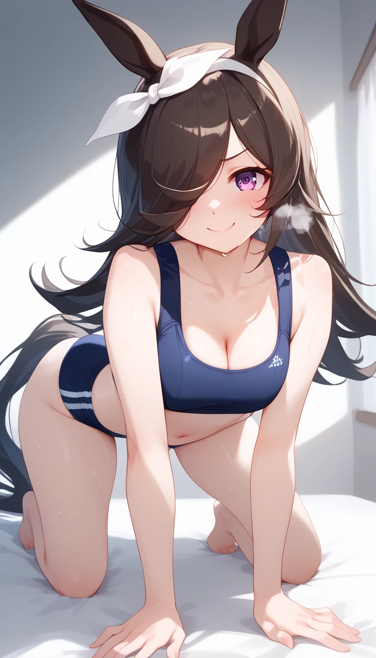 masterpiece, highest quality, Super detailed, 1 girl,rice shower (umamusume), horse ears, solo, animal ears, swimsuit, hair over one eye, horse tail, horse girl, tail, long hair, navel, blush,surprise、blush、normal chest、white gym uniform、red bloomers:1.3、(barefoot)、dark blue socks、big smile、crawl on all fours、Showing her ass from behind,v-shaped eyebrows,sweat,sports bra,steam,