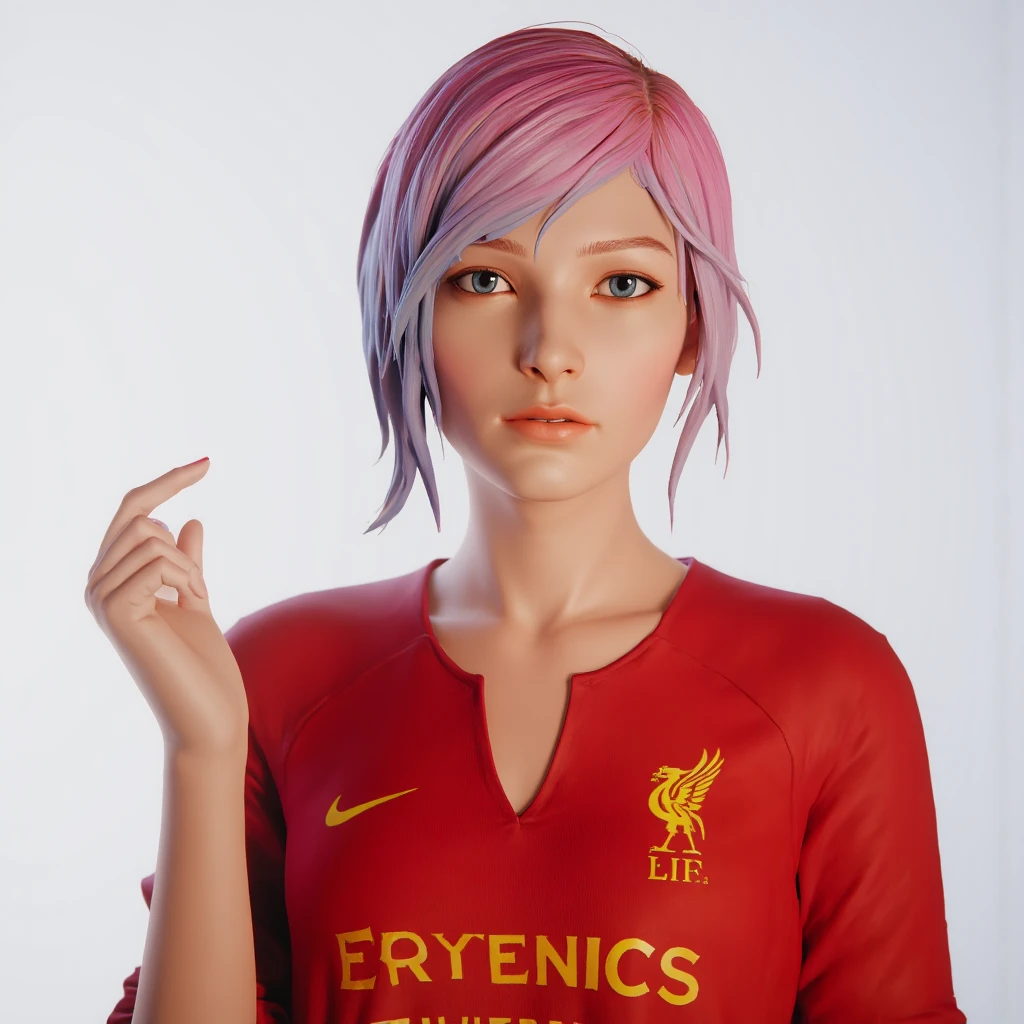 A professional photography of Chloe Price (Life Is Strange), looking like a womens in baroque paintings, white background, neutral expression, she wears a Liverpool (2007 season red jersey)