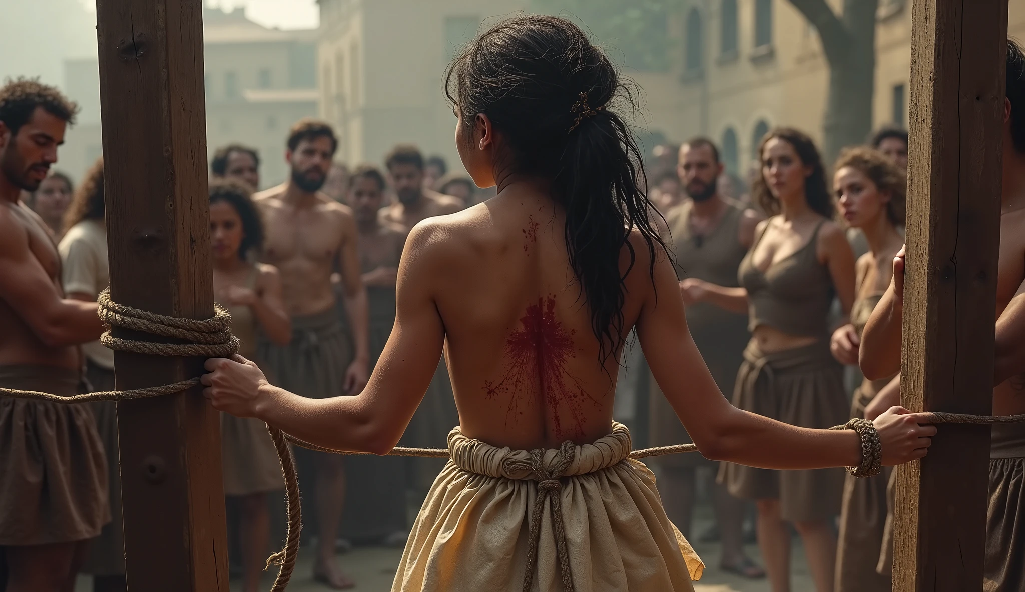 Arya Stark nude, tied with black rope and handcuff to a wooden column in the streets of Kingslanding, 8k, uhd, pale skin with whip marks, detailed face, body, photo from behind, being hit with a whip