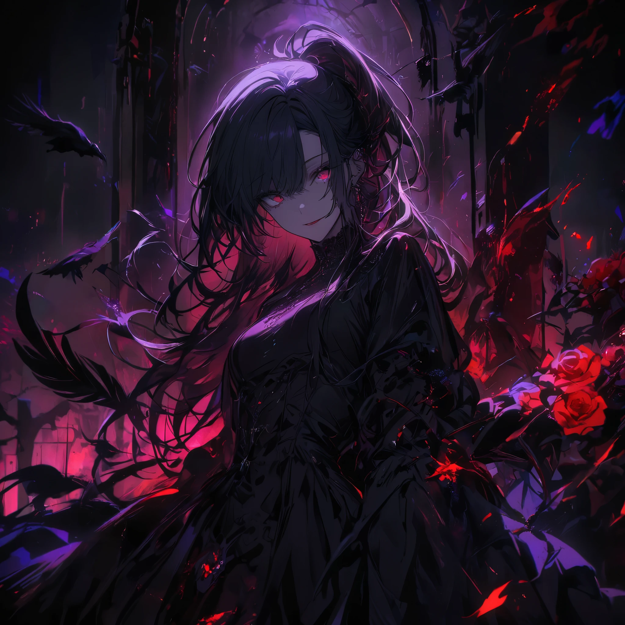 Anime girl with long black hair and red eyes in a dark room - SeaArt AI
