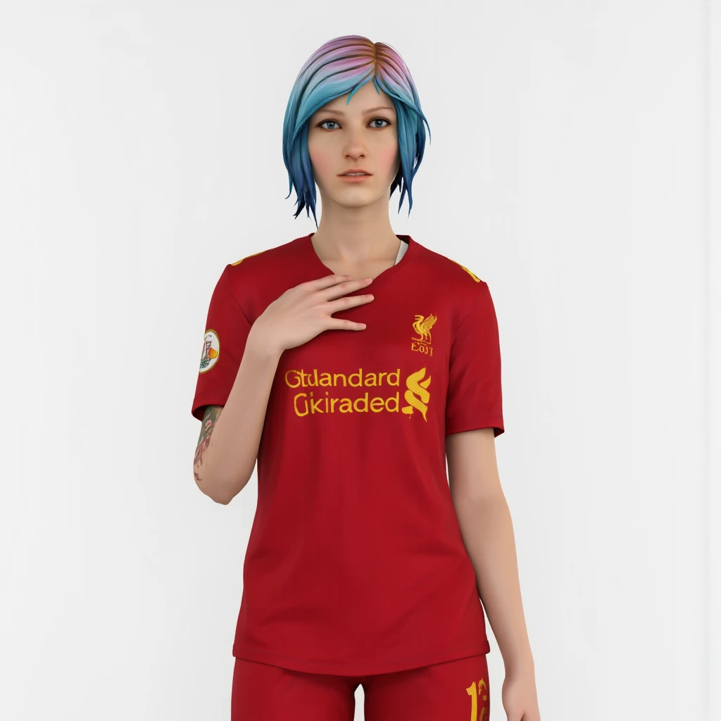 A professional photography of Chloe Price (Life Is Strange), looking like a womens in baroque paintings, white background, neutral expression, she posses like a football player, she wears a Liverpool (2007 season red team jersey and short) full body