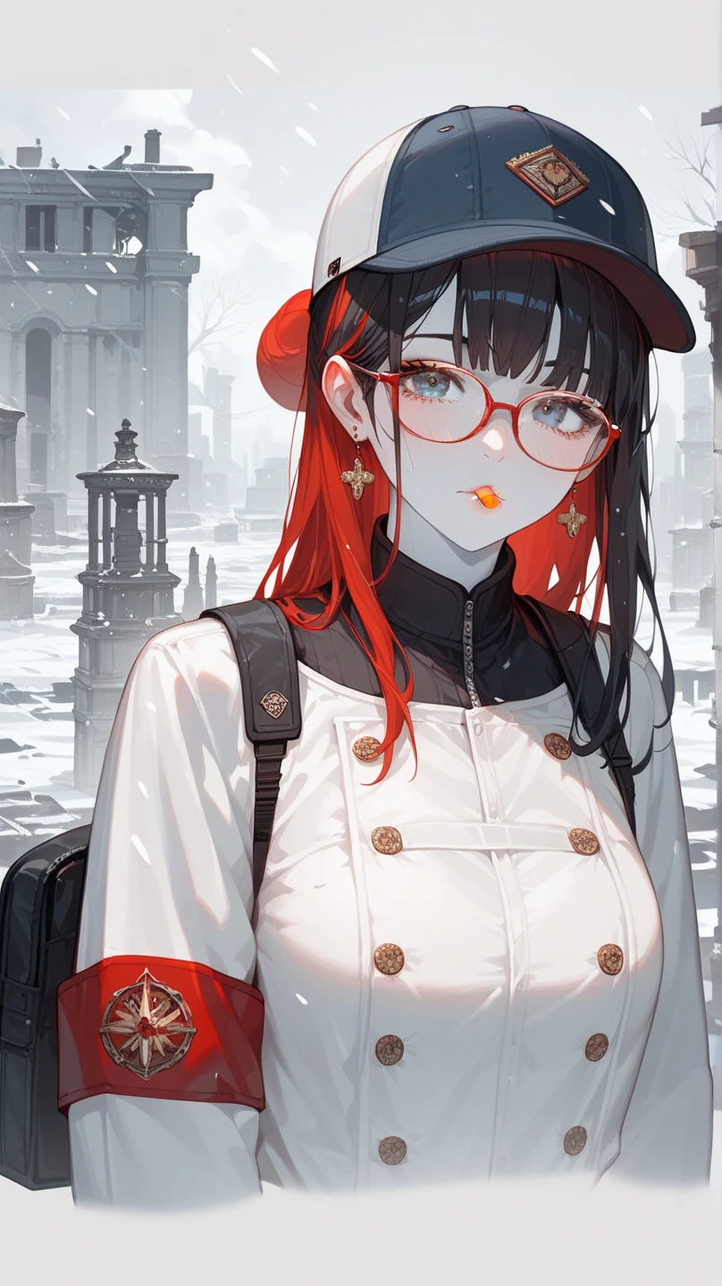    black hair,    long hair, Glasses,    cold weather military uniform , Old ruins,  ,   smoking  , illustration,Red Hair,Antarctica ,Snowstorm,whole body,  ANIME CHARACTERS ,  stylish girl, fashion,  baseball cap ,  black shirt , baggy cargo pants, gravure,  absurd,  RAW photos ,  very delicate and beautiful , masterpiece,  top quality ,  super high res, 32K,  surreal,  ultra detail,   perfect figure,   perfect shape,  detailed description ,  blue-white skin, 20 years old,  detailed beautiful faces and eyes that stormed the classroom, Tearful mole,  earrings for women with first name,