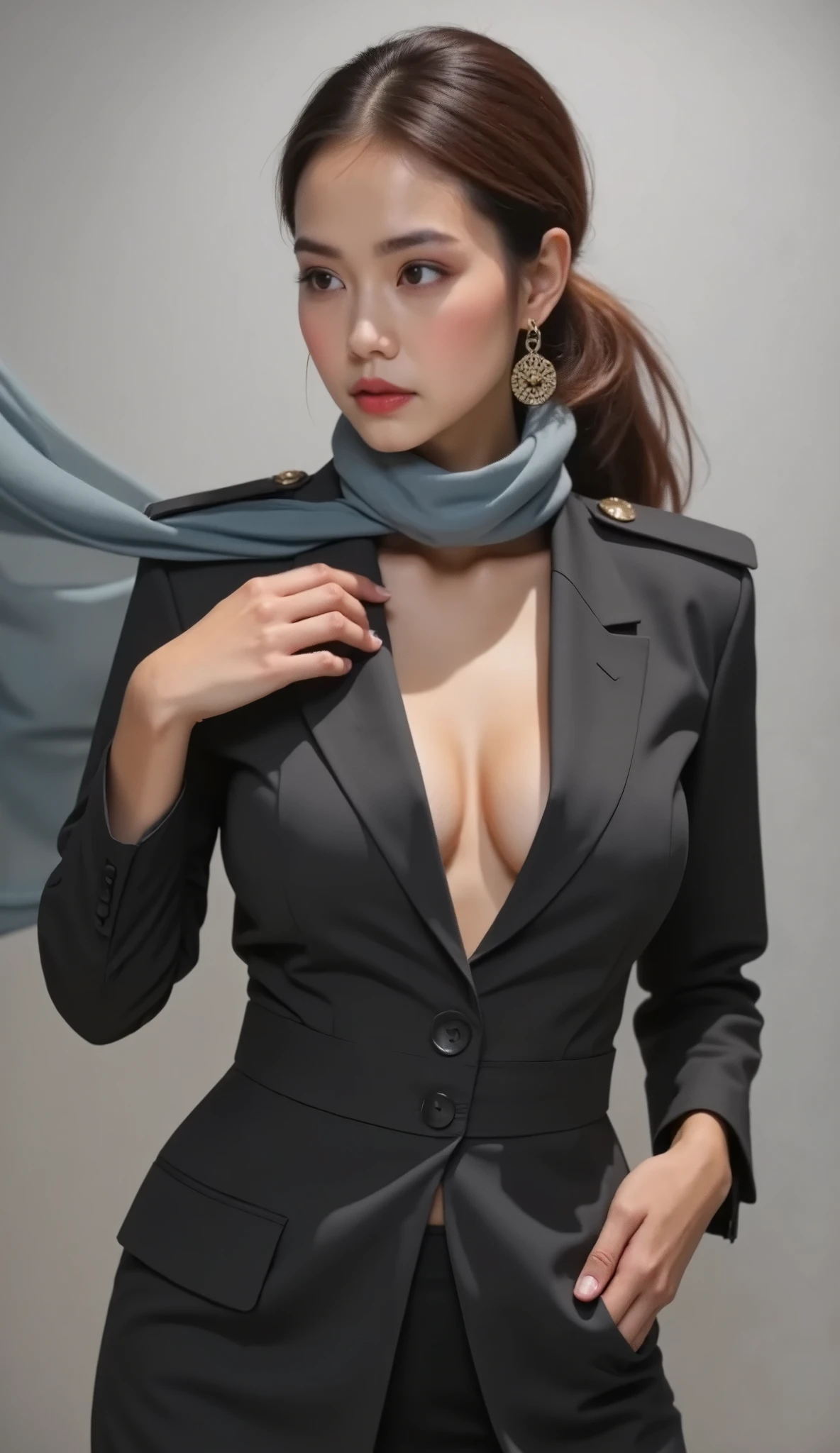  A charming modern magician woman shows off her illusion using a trench coat, A veil like scarf showing the key to a trick , ABM