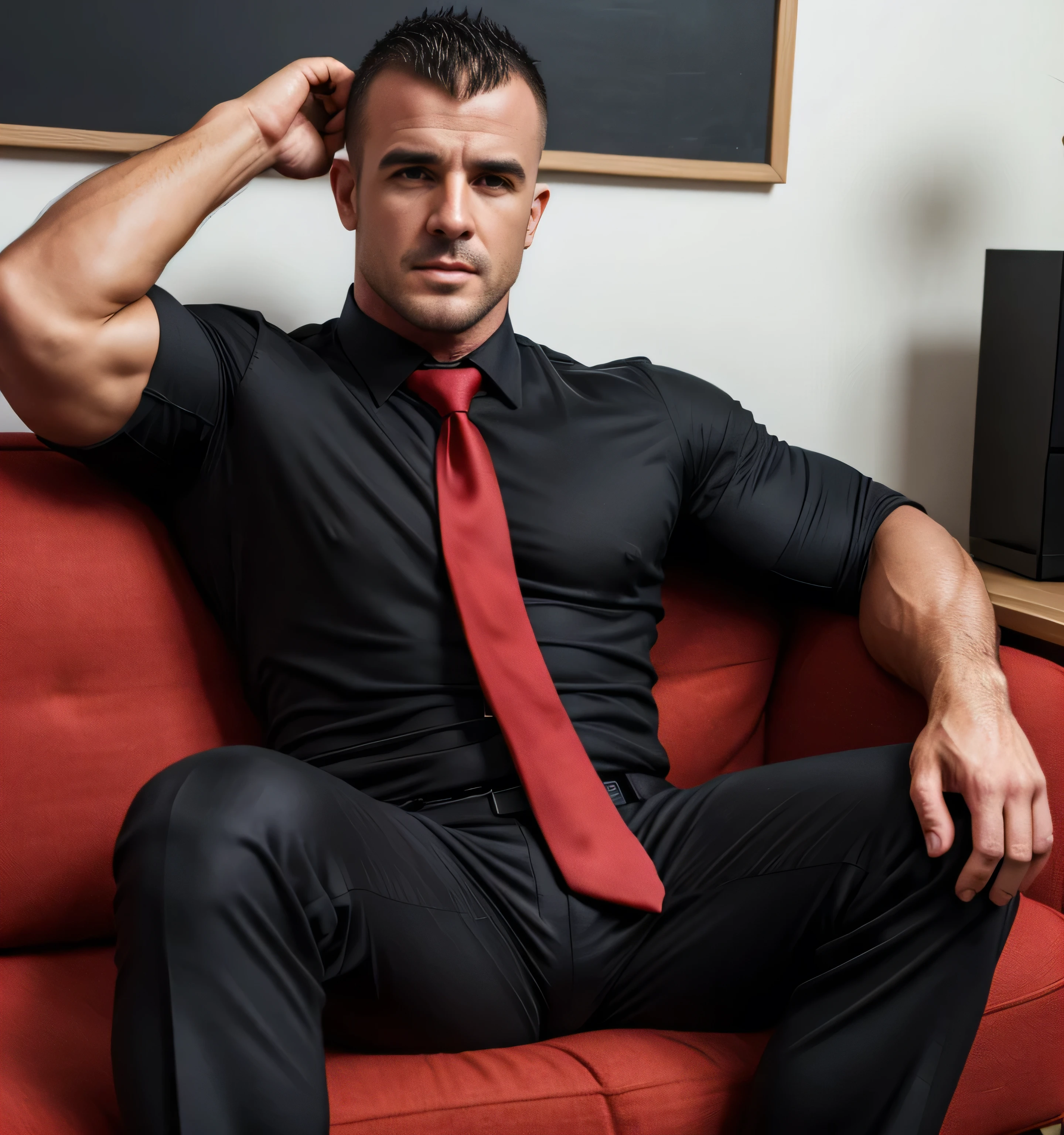 sensual latin handsome man, full body on chair in a hotel lobby showing his penis , while people look at it
