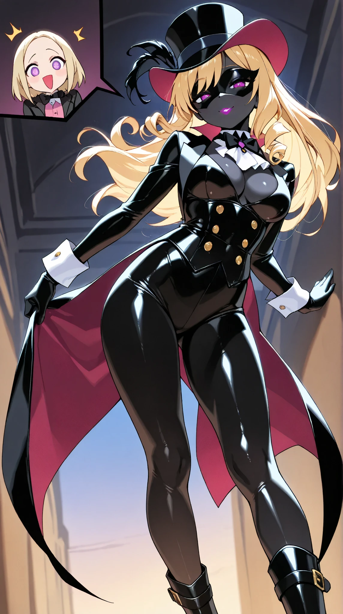  a woman with a black body ,1 person:2.0,(masterpiece:1.3, top quality :1.3, very detailed depiction:1.3, Incredible High Definition :1.3,High quality anime drawings),(Bewitching Female Phantom Thief :1.3),(Sexy Female Phantom Thief Outfit, tuxedo,Gentleman&#39;s hat, covers her eyes with a black venetian mask:1.3,latex, luxury accessories , black tights, boots),( black skin:1.5,Black Skin:1.5,Blonde,Glowing purple eyes, half-closed eyes:1.3,Swirling Eyes ,Does not depict a mouth :1.5, slender figure, bewitching smile,Glossy lipstick, flashy makeup,Seductive gestures,Beautiful legs, healthy legs,Curvaceous Body,High quality skin),Fall, dynamic images , forward leaning position, view from below