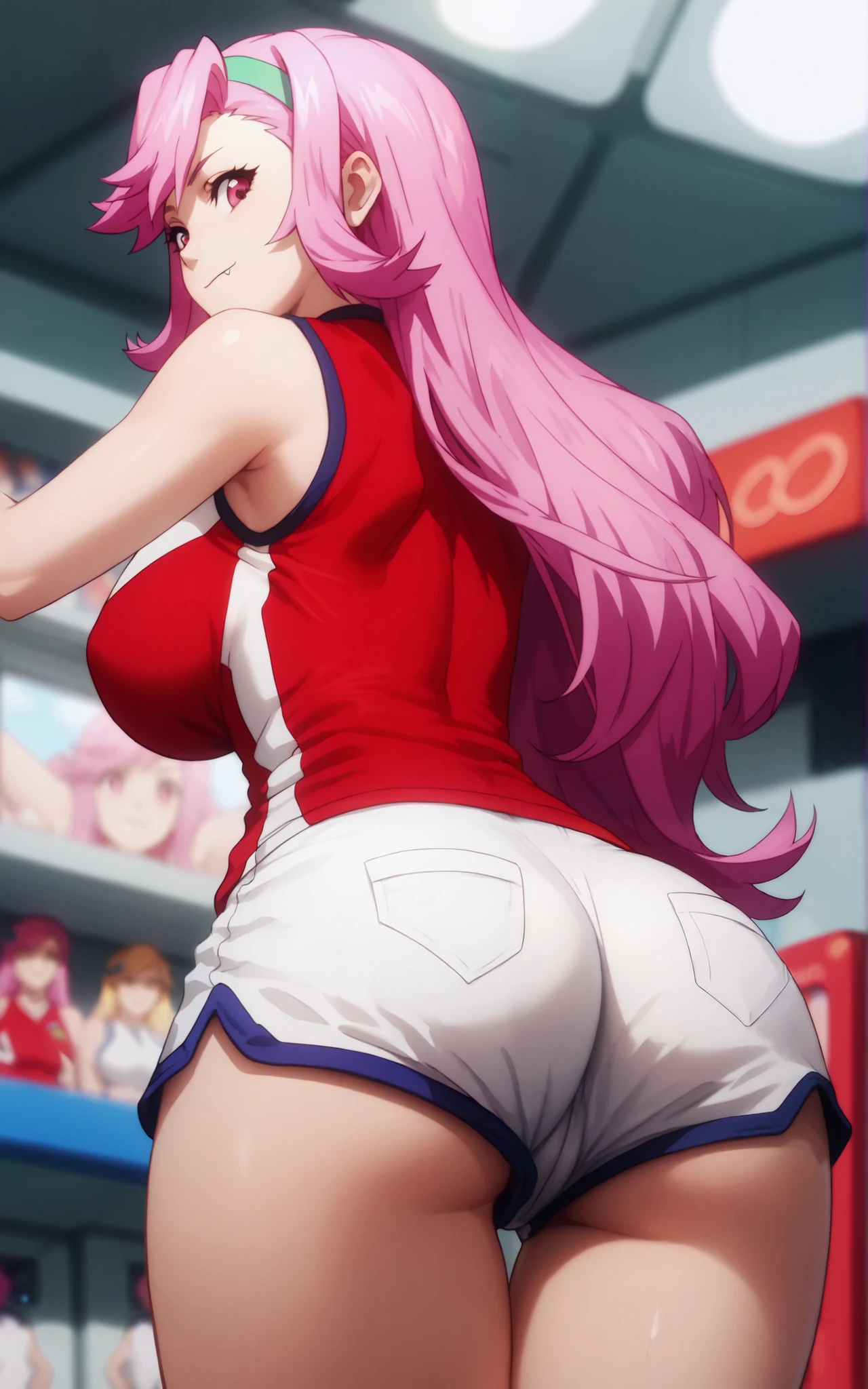 (score_9, score_8_up, score_7_up), standing, leaning forward, looking at viewer, light smile, closed mouth, shiny skin, tight clothes,
ohwx, 1girl, solo, pink_hair, long_hair, hairband, pink_eyes, red eyes, heart, fang, fang_out, breasts, large_breasts,
sportswear, short_shorts, white_shorts, sleeveless, volleyball_uniform,
arcade, from behind, ass focus
 