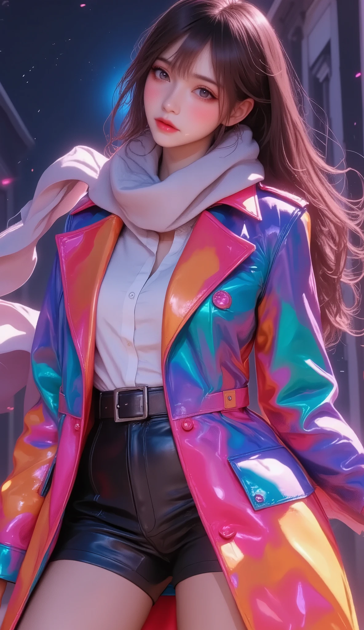  (masterpiece, top quality :1.2), (Dynamic angle, Dutch angle), a woman, full body, solo, (she is wearing a very colorful and vibrant trench coat, and a muted colored scarf is fluttering in the wind, ABM), the ends of which seamlessly form a pop art imitation of space,