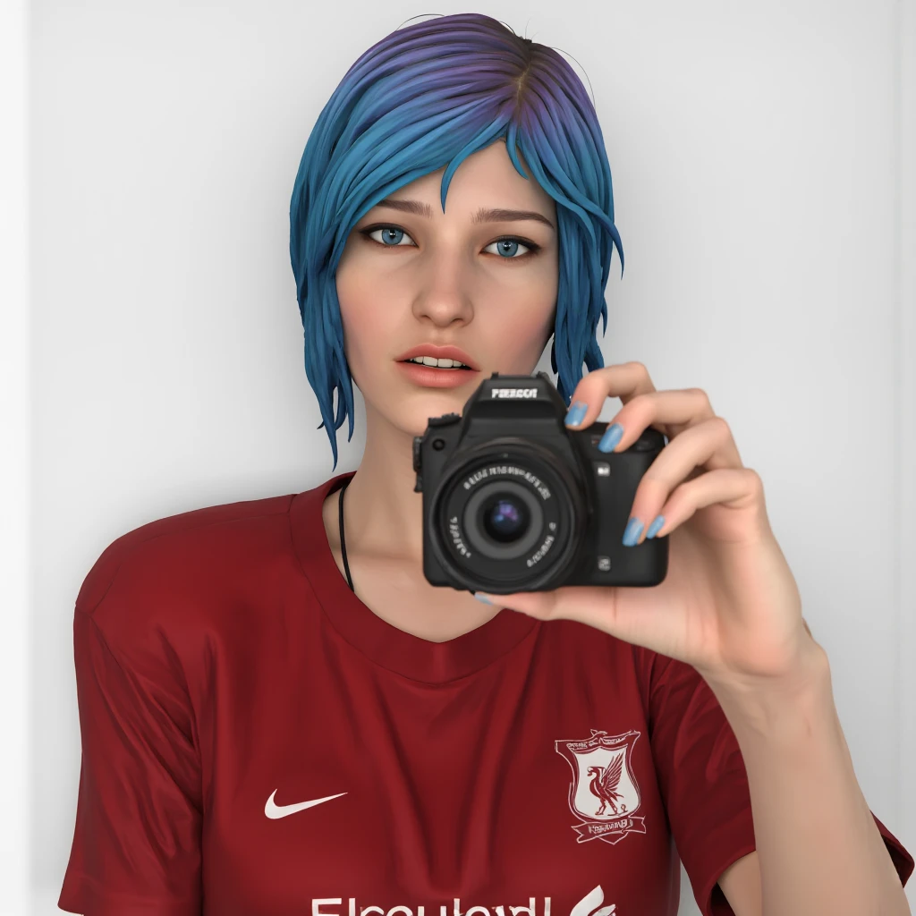 A professional photography of Chloe Price (Life Is Strange), white background, neutral expression, she takes a mirror selfie she wears a Liverpool (2007 season red team uniform)