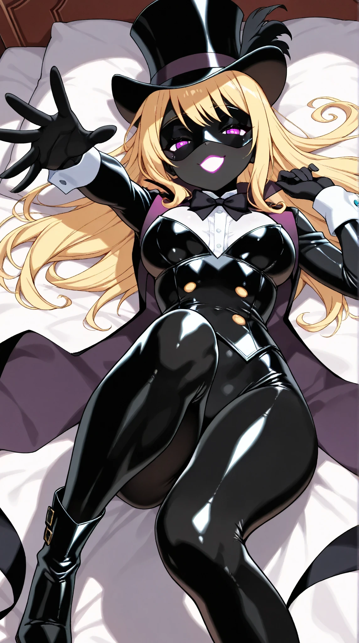  a woman with a black body ,1 person:2.0,(masterpiece:1.3, top quality :1.3, very detailed depiction:1.3, Incredible High Definition :1.3,High quality anime drawings),(Bewitching Female Phantom Thief :1.3),(Sexy Female Phantom Thief Outfit, tuxedo,Gentleman&#39;s hat, covers her eyes with a black venetian mask:1.3,latex, luxury accessories , black tights, boots),( black skin:1.5,Black Skin:1.5,Blonde,Glowing purple eyes, half-closed eyes:1.3,Swirling Eyes ,Does not depict a mouth :1.5, slender figure, bewitching smile,Glossy lipstick, flashy makeup,lureする仕草,Beautiful legs, healthy legs,Curvaceous Body,High quality skin),Fall, dynamic images , on the bed, reaching here ,lure