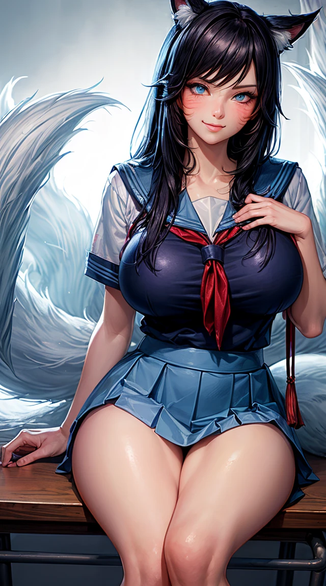 NSFW, 1 woman, solo, (orgasm:1.3), ((crying:)), drooling, steam from pussy, glowing green detaled eyes, (Nipples:1.3), (spreading pussy, Pubic hair), (clear pussy juice:1.3), Large breasts, cleavage, (oiled skin:1.8), (sitting on a bed with one knee up, open legs), (Crop Top white shirt), (sleeveless:1.3), (Sailor uniform only for the upper body), (red ribbon tie), Navel, blue sailor collar, (Sheer Micro Mini Skirt), black high-heeled shoes, side ponytail