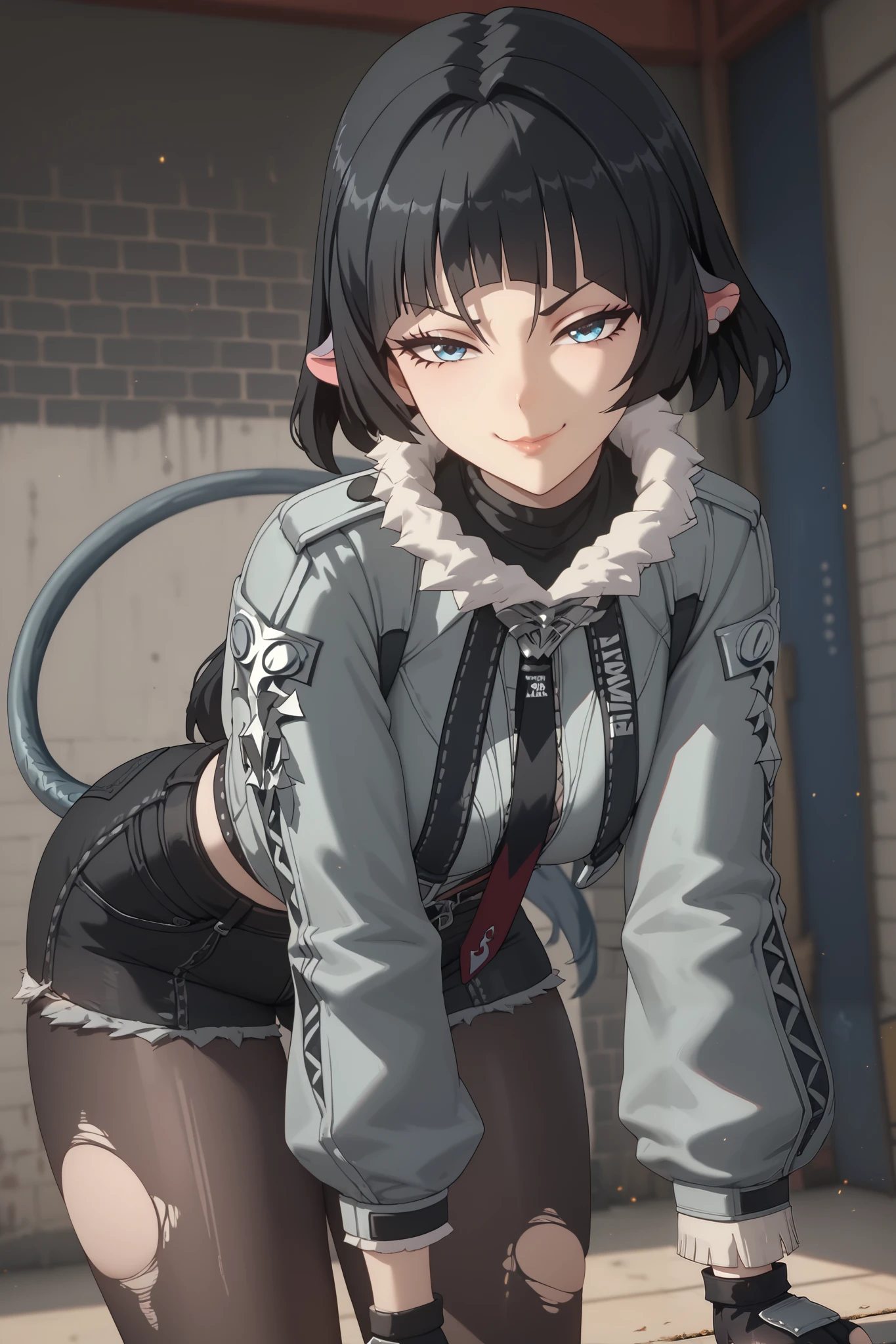 ((janedoe)), ((jane doe)), ((masterpiece)), ((high resolution)), ((cartoon style)), ((solo portrait)), {(attractive figure), (beautiful legs), (thick thighs), (grey tail with sharp point), (black hair), (blue eyes), (long eyelashes), (thin eyebrows), (smug smirk)}, {(grey jacket), (black jean shorts with pantleg zippers), (ripped pantyhose), (fingerless gloves), (necktie)}, {(bending over), (looking at viewer)}, ((dark alleyway)), ((nighttime)), ((moonlight))