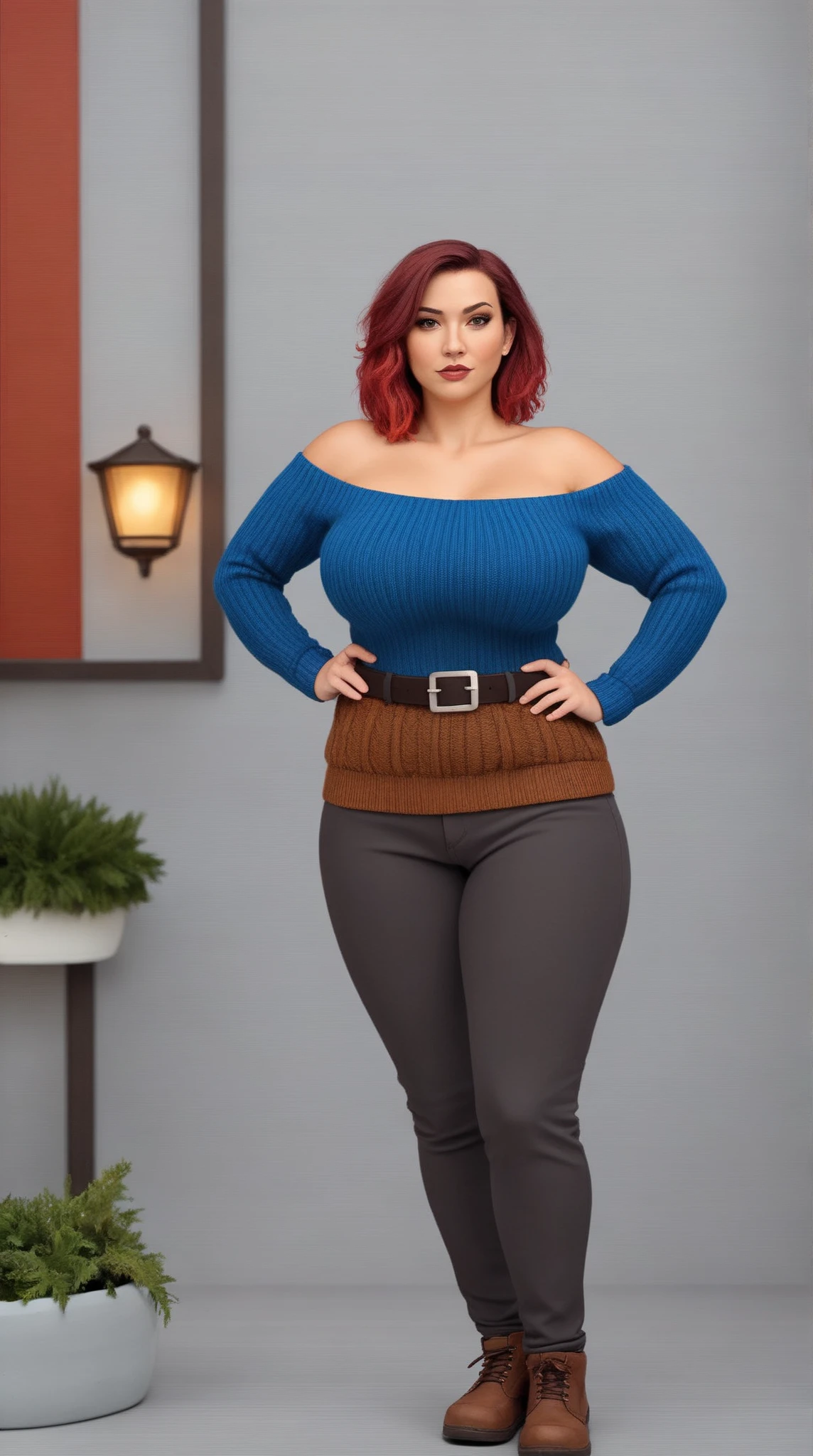 one woman only, redhead, big bra , long shirt, long dress, jacket, full body, 4k, photo, realistic, big hips, bomber, boots, brunette, cowgirl, intricate, woman, muscular, oiled body, short hair, strip club, tall, tanned skin, quiff with shaved fade, (deep cleavage: 0.5)