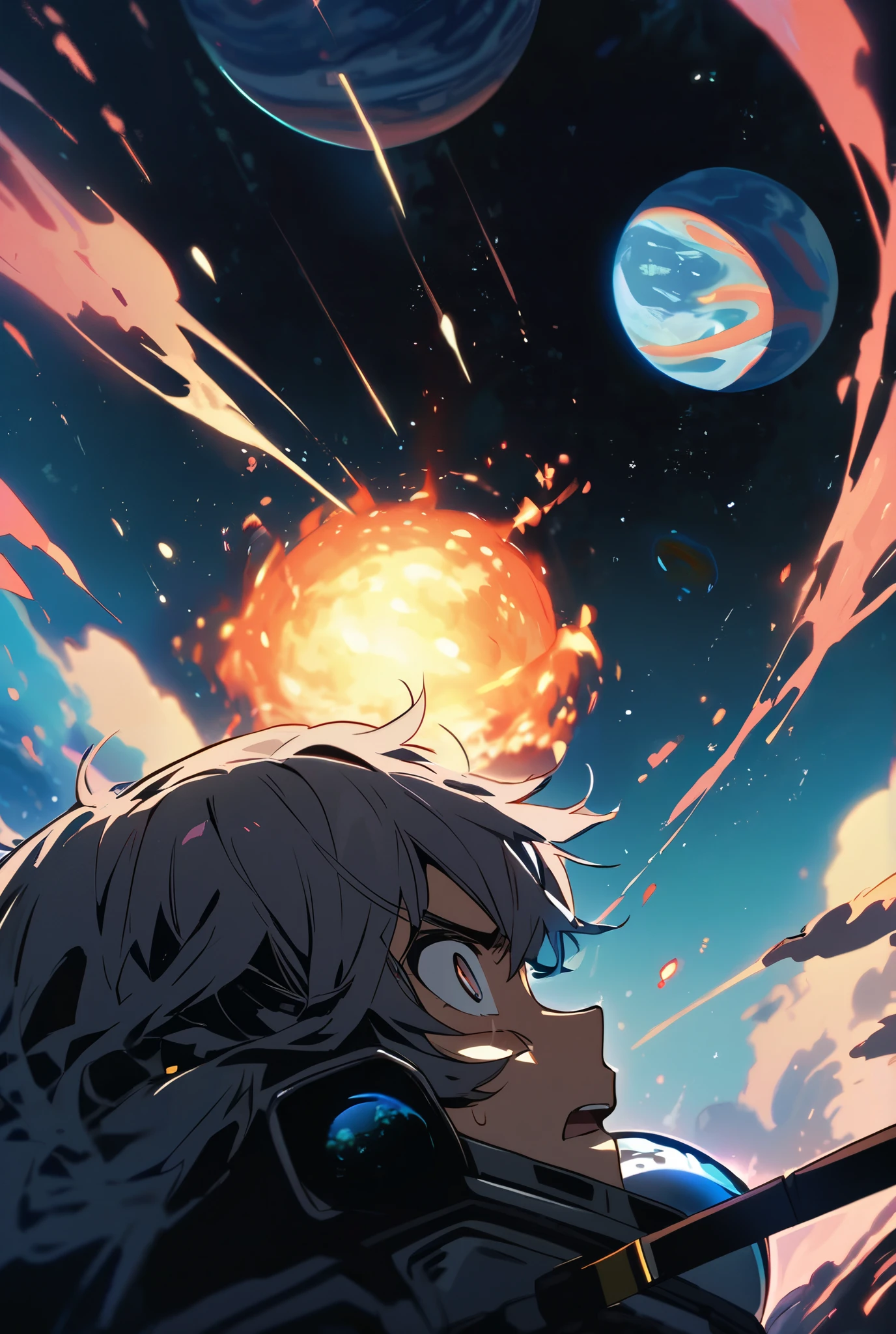 Anime character looking at a planet with a rocket in the background ...