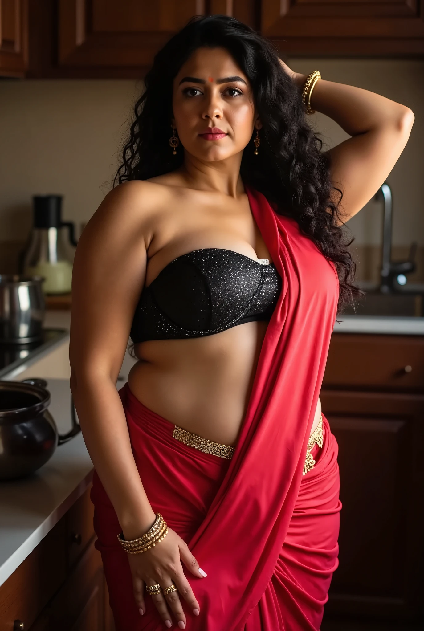 an ullu desi indian cute actress hot plus size standing in kitchen. She has curly black hair and are posing with one hand on the back of their head. She wearing a sleeveless, shimmering black tube bra and a royal red sequin saree with a smooth texture. background is deep blurred, the showing Thigh legs, sexy stubble hairy armpits, sexy deep juicy navel, golden waist chain,