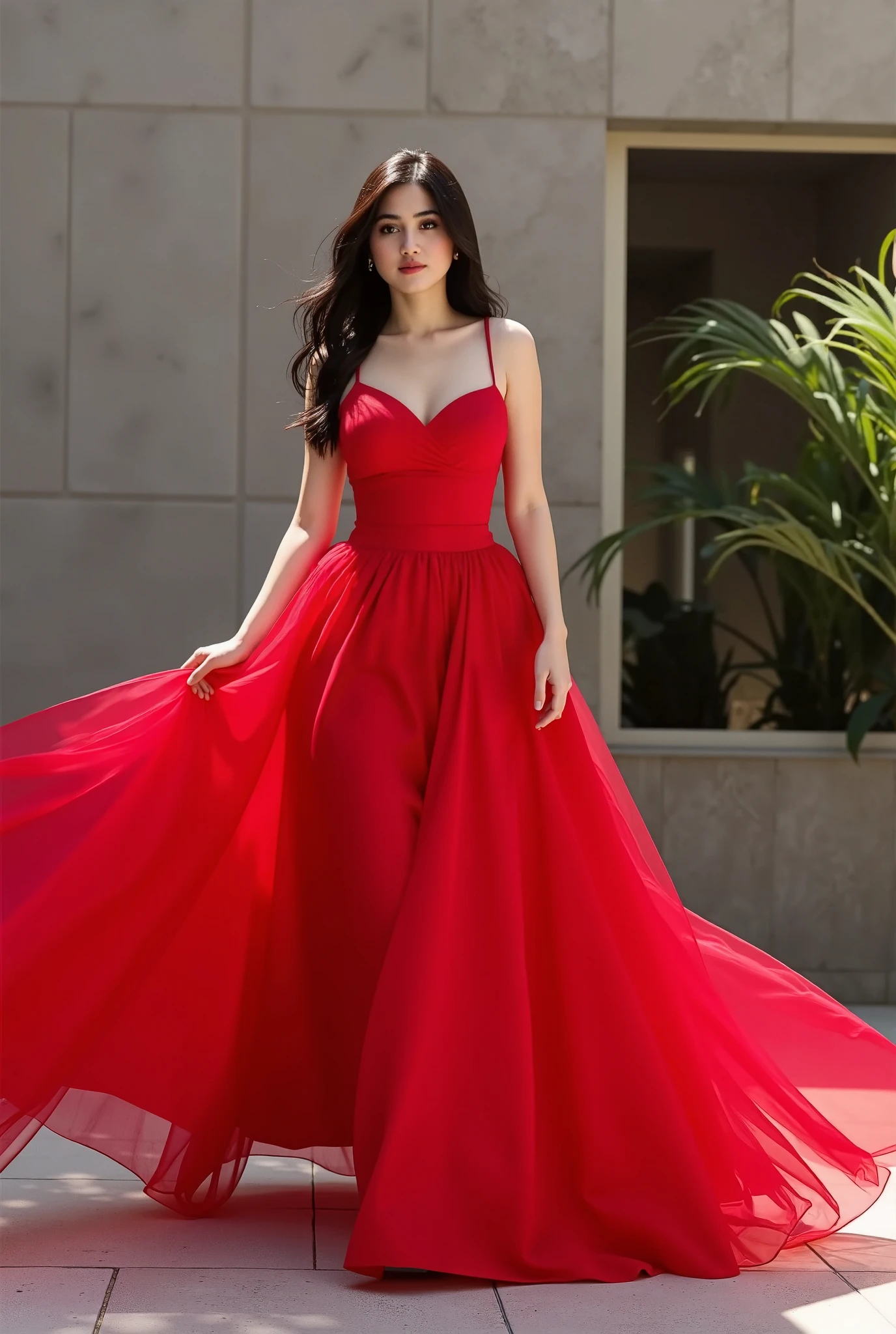 model photoshoot with beautiful red Christmas dress posing elegantly with big breast, long black hair and a simple outdoor background of a building UHD, photorealism 1.4, Ultra realistic